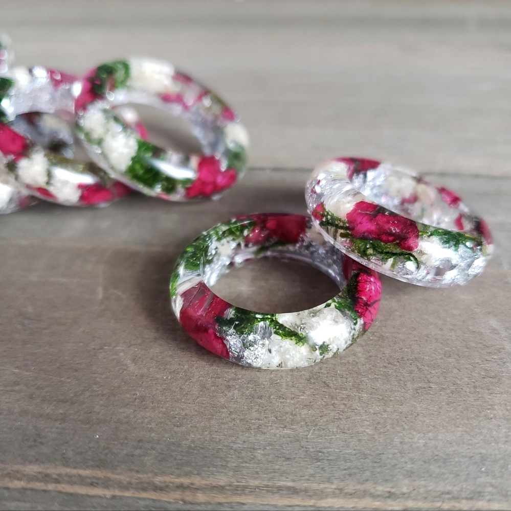 Winter Rose Petal Resin Ring Silver Resin Ring
